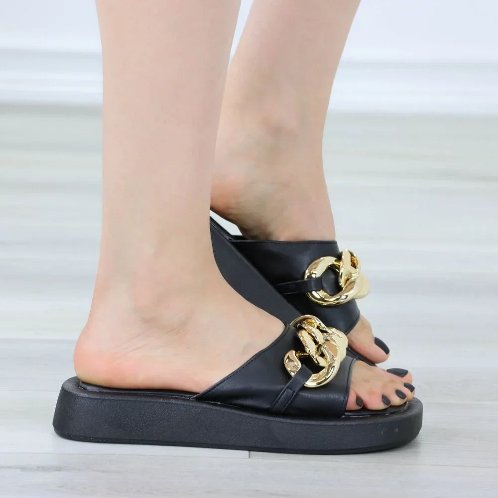 Black Chunky Comfy Flat Sandal Slip On Sliders - Picture 5 of 14